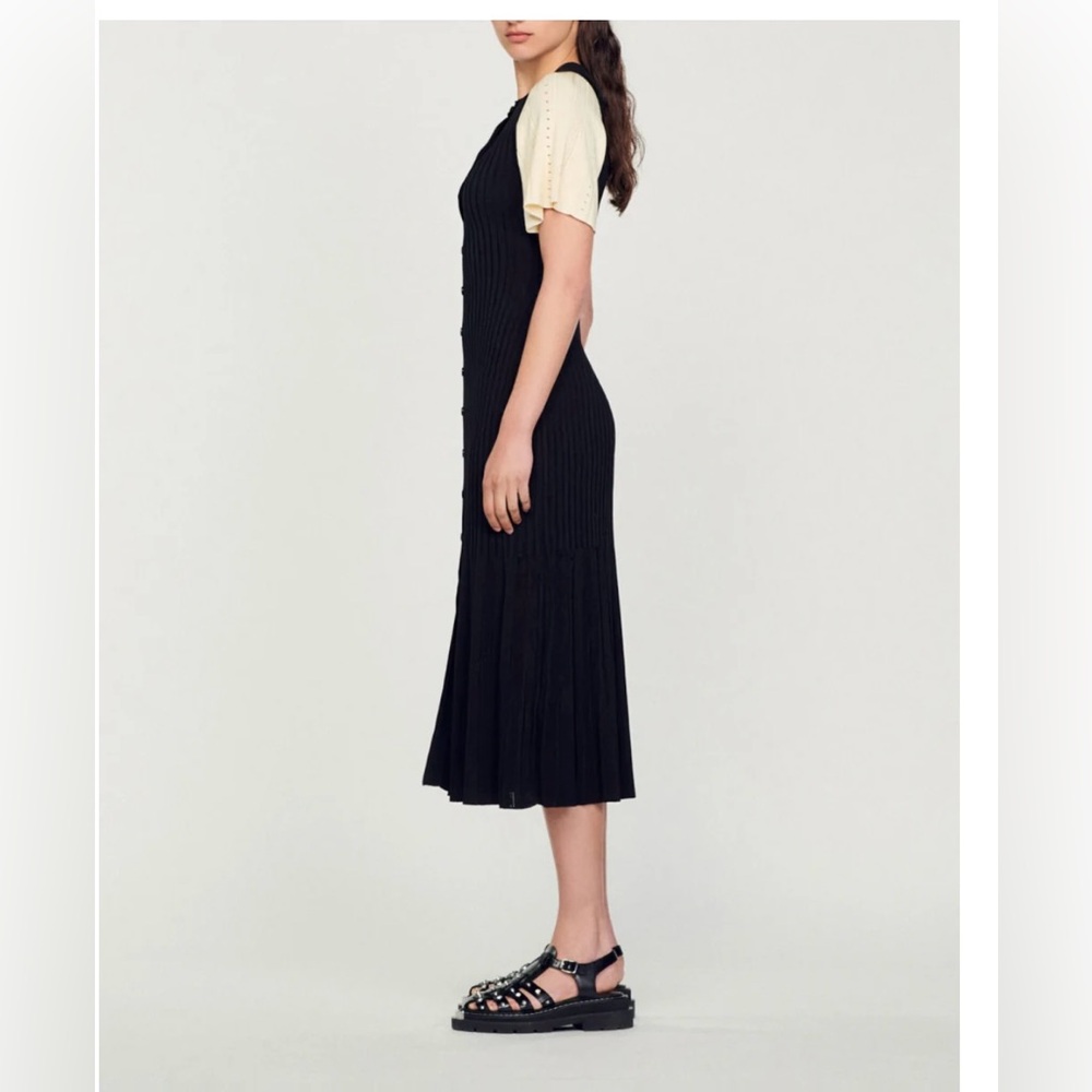 Sandro Black and Cream Pleated Midi dress 38 - Picture 6 of 11